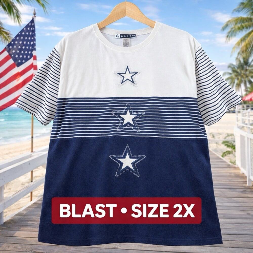 Blast Star Striped Shirt Womens 2X Plus Blue White Patriotic USA